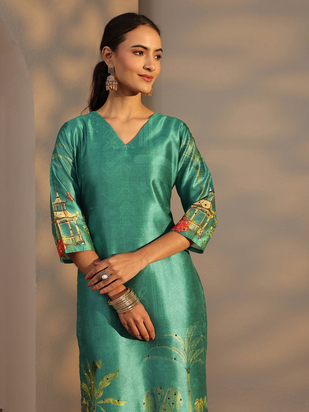 Teal Tribal Printed Silk Blend Straight Suit Set With Dupatta