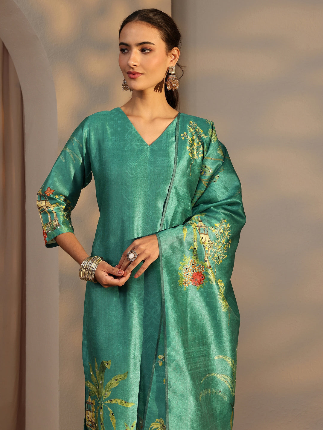 Teal Tribal Printed Silk Blend Straight Suit Set With Dupatta