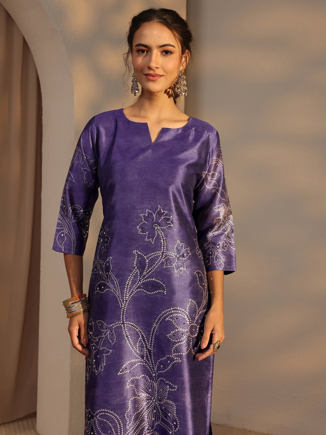 Purple Floral Printed Silk Blend Straight Suit Set With Dupatta