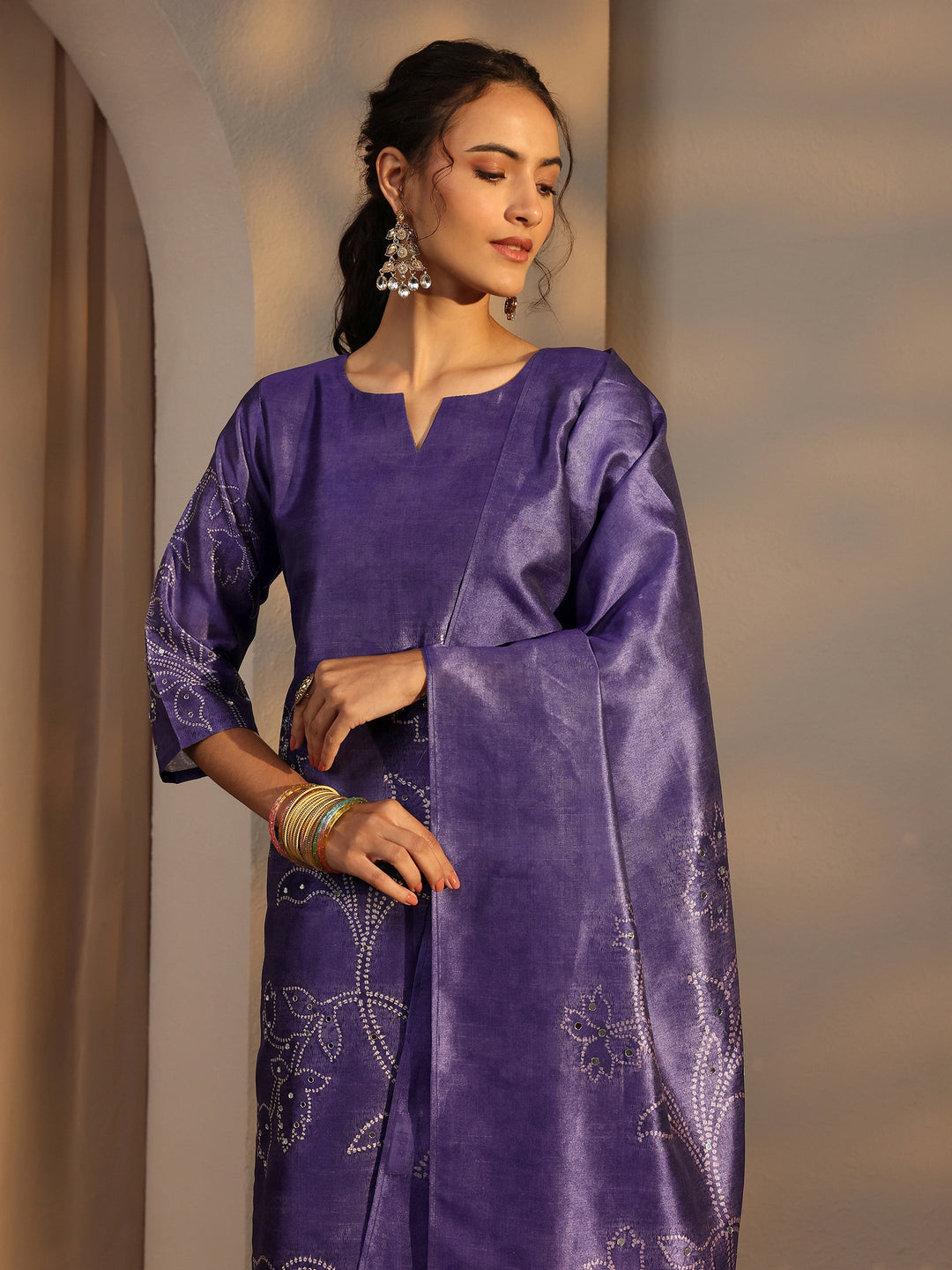 Purple Floral Printed Silk Blend Straight Suit Set With Dupatta