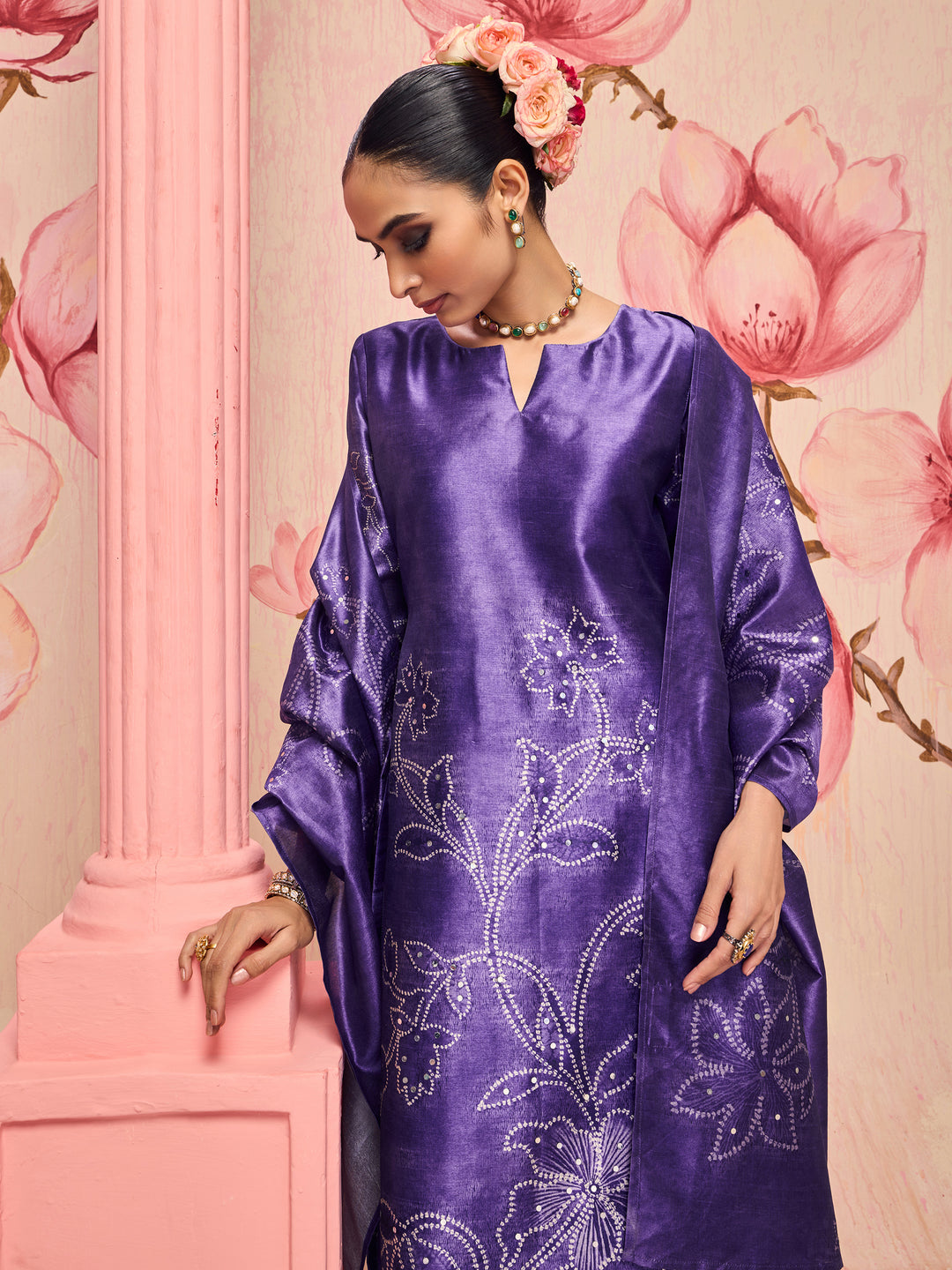Libas Lavanaya Purple Floral Printed Silk Blend Straight Suit Set With Dupatta