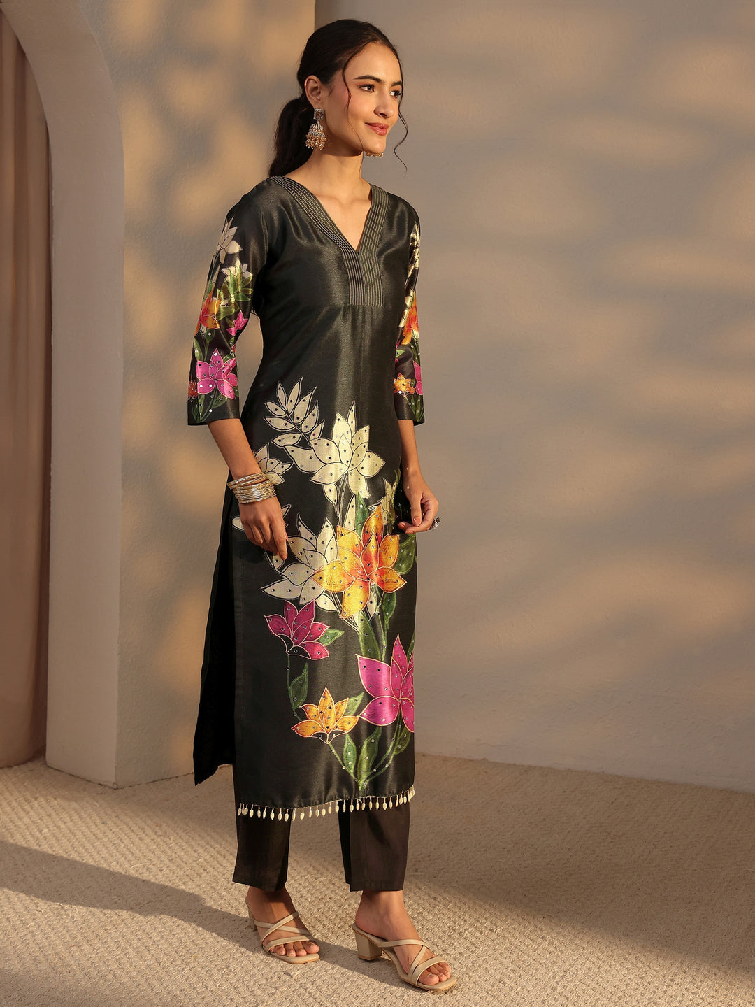 Black Floral Printed Silk Blend Straight Suit Set With Dupatta