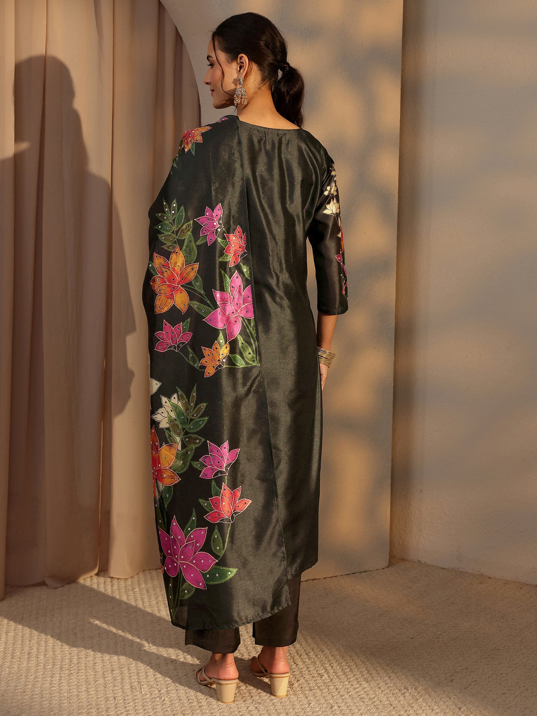 Black Floral Printed Silk Blend Straight Suit Set With Dupatta