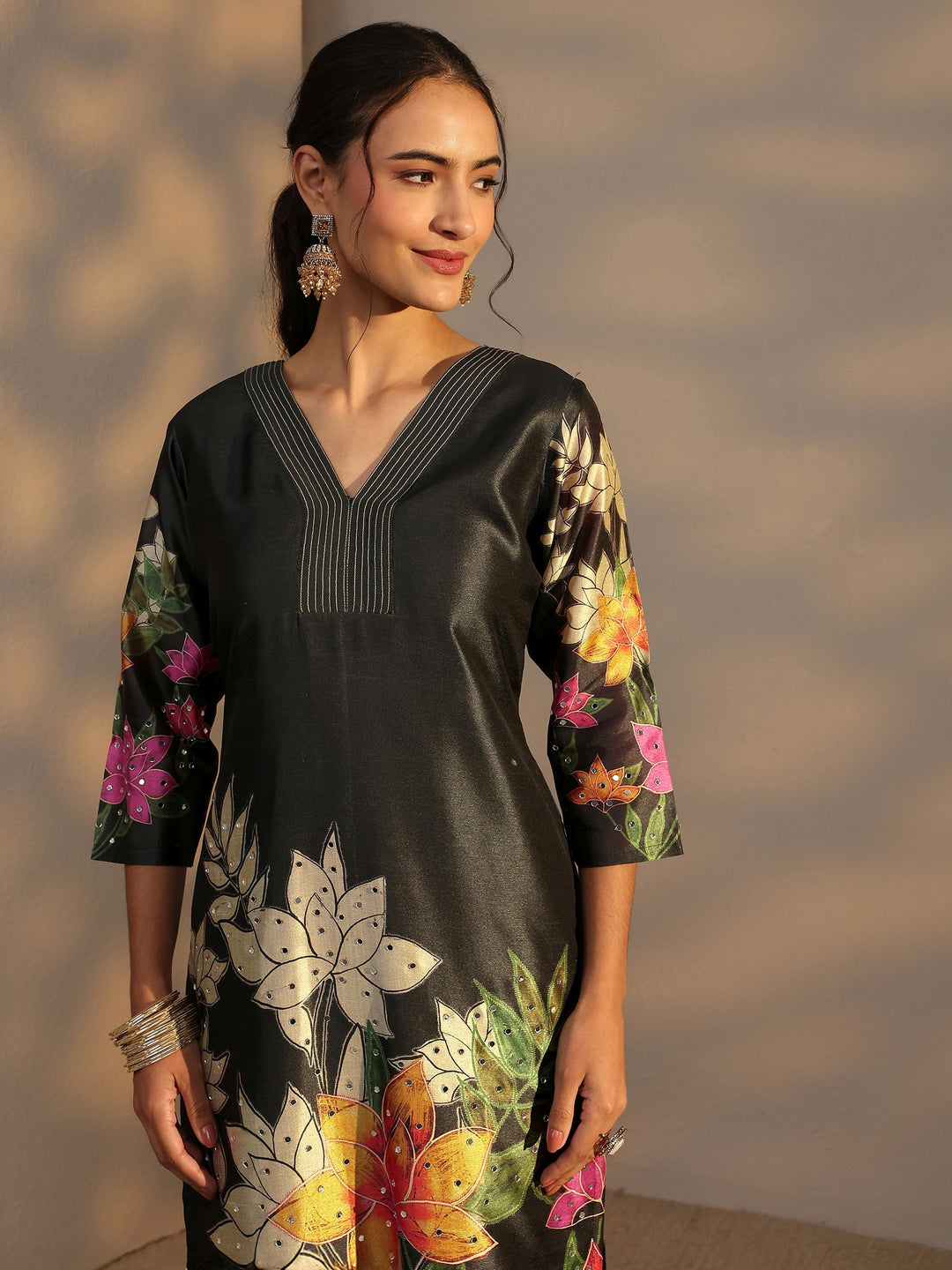 Black Floral Printed Silk Blend Straight Suit Set With Dupatta