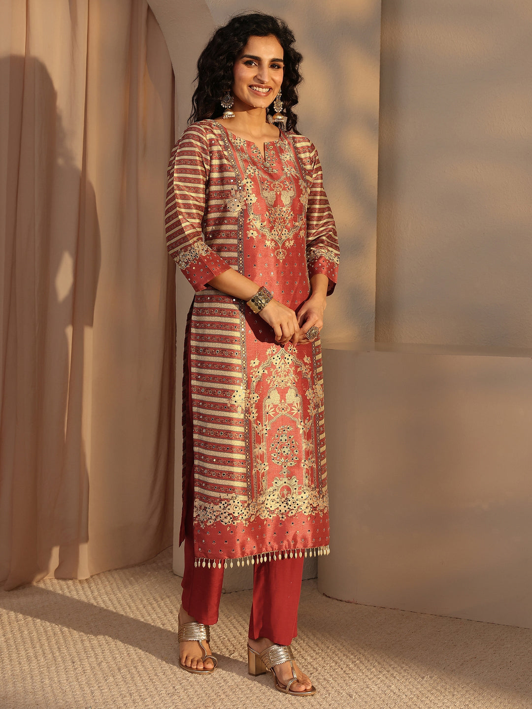 Rust Ethnic Printed Silk Blend Straight Suit Set With Dupatta