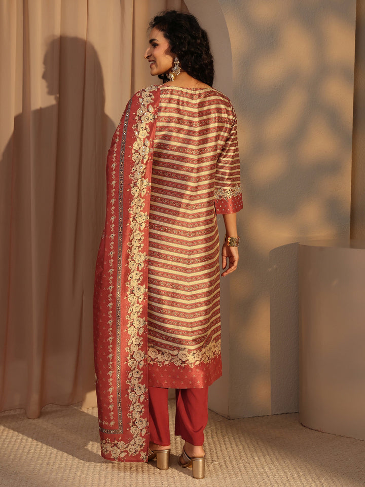 Rust Ethnic Printed Silk Blend Straight Suit Set With Dupatta