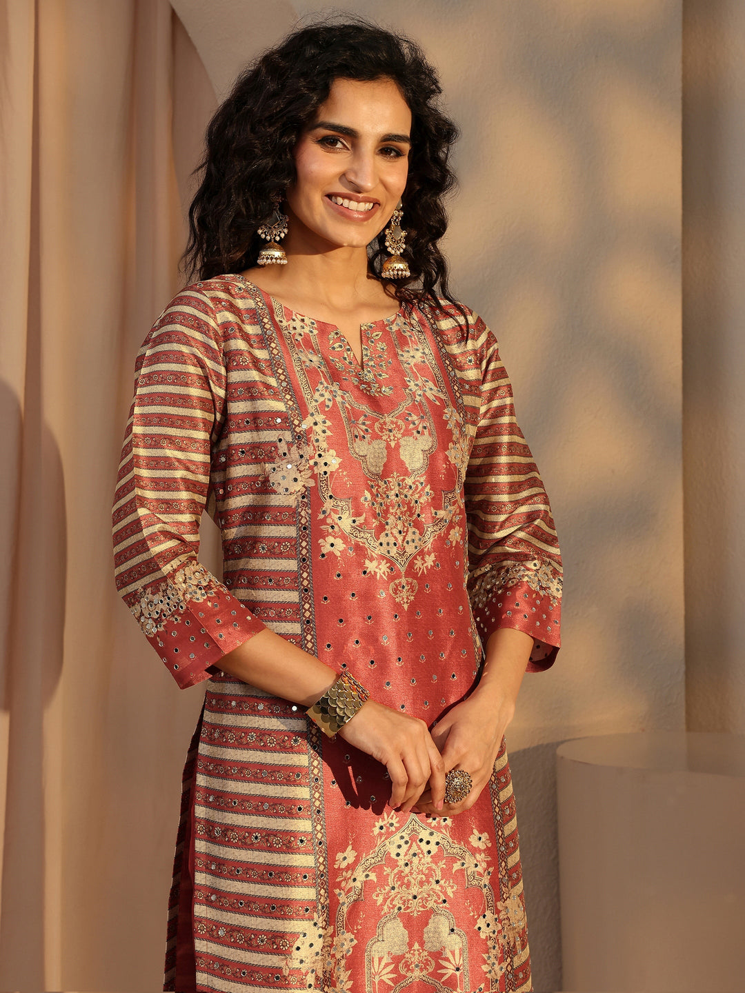 Rust Ethnic Printed Silk Blend Straight Suit Set With Dupatta