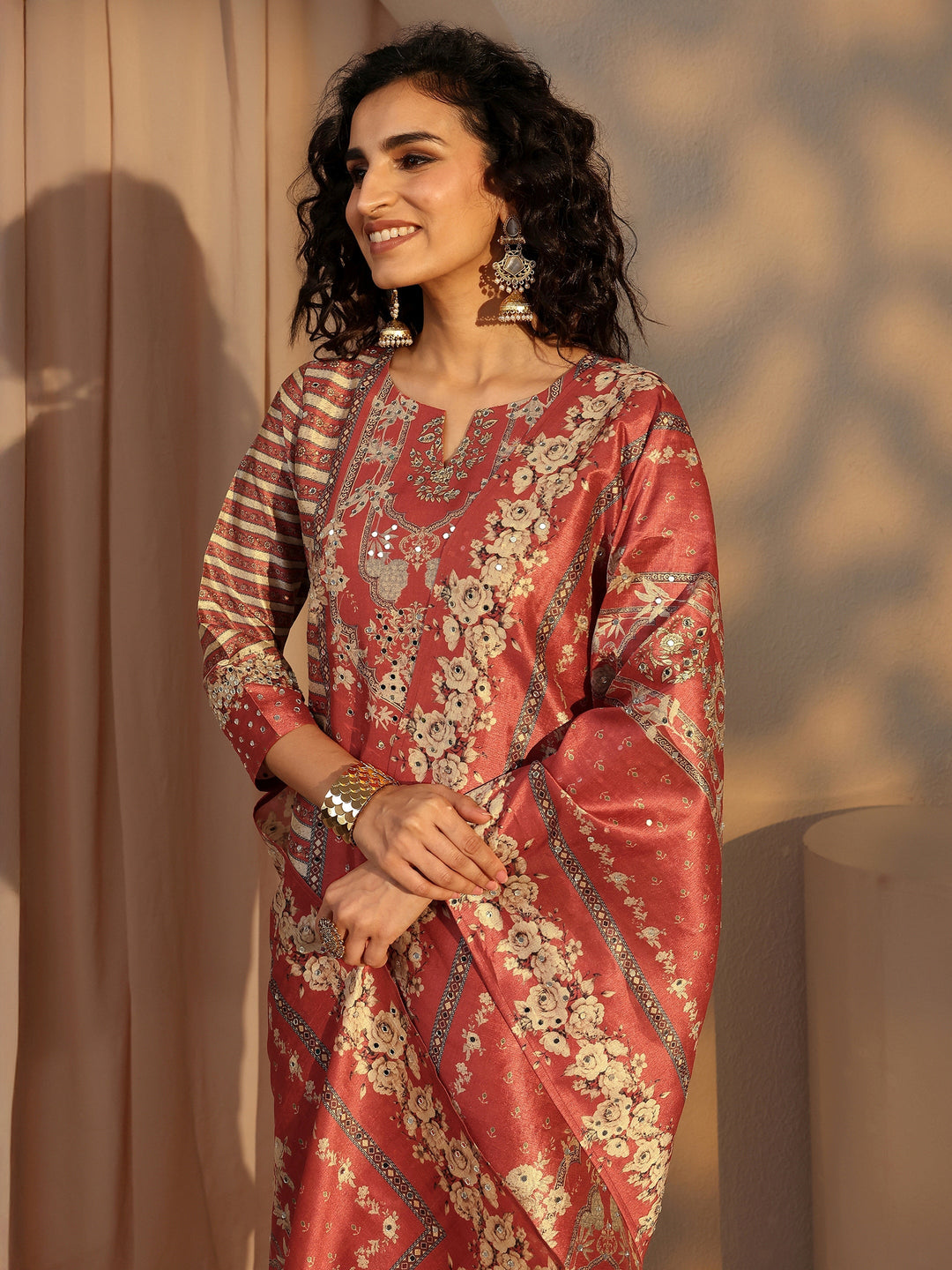 Rust Ethnic Printed Silk Blend Straight Suit Set With Dupatta