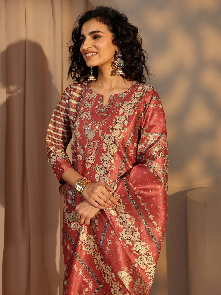 Rust Ethnic Printed Silk Blend Straight Suit Set With Dupatta