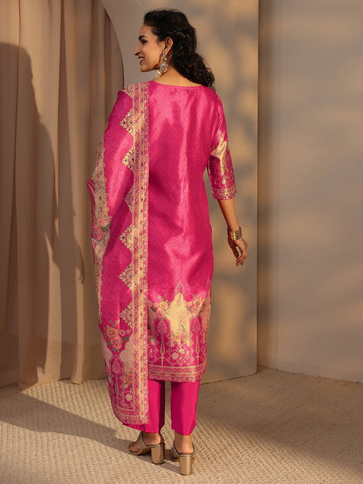 Pink Ethnic Printed Silk Blend Straight Suit Set With Dupatta