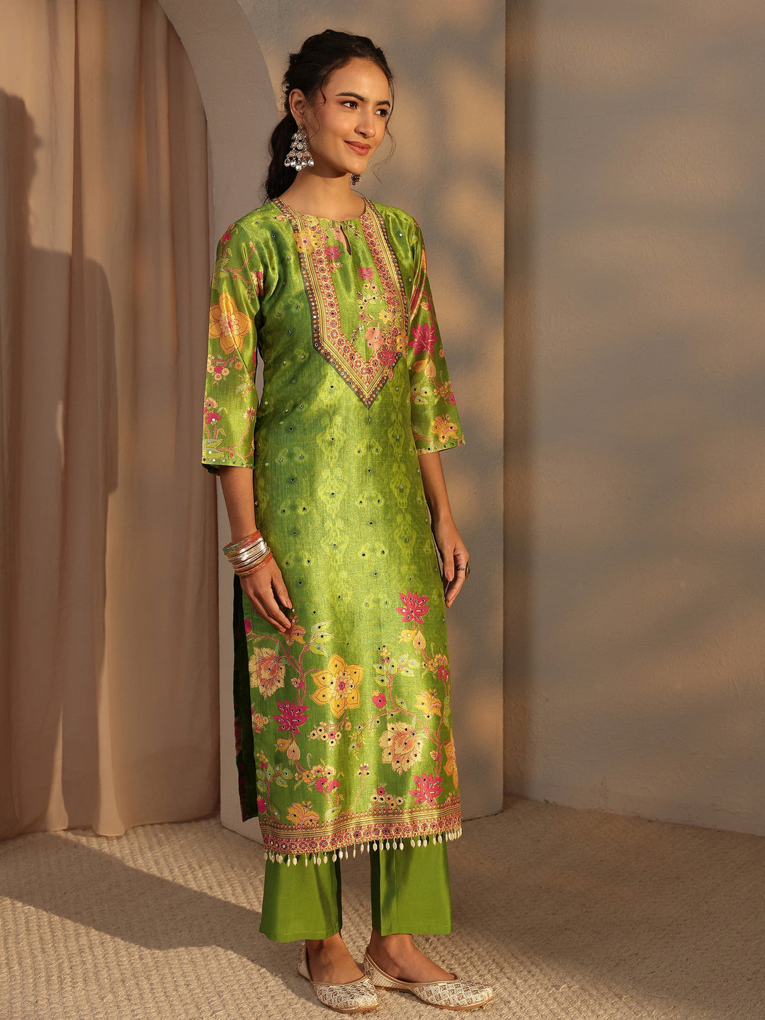 Green Floral Printed Silk Blend Straight Suit Set With Dupatta