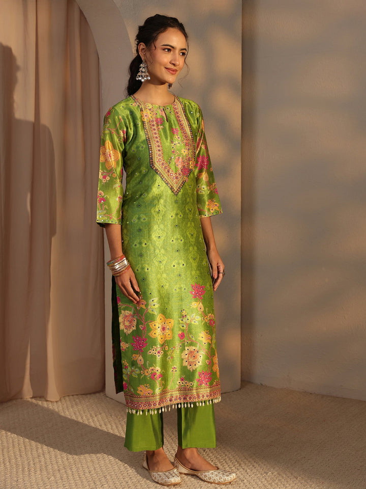 Green Floral Printed Silk Blend Straight Suit Set With Dupatta