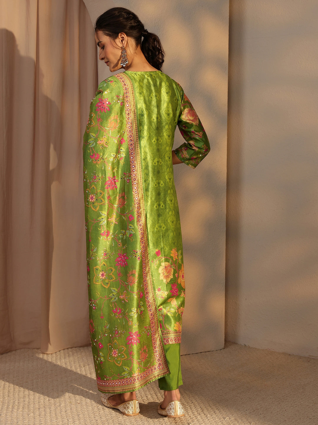 Green Floral Printed Silk Blend Straight Suit Set With Dupatta