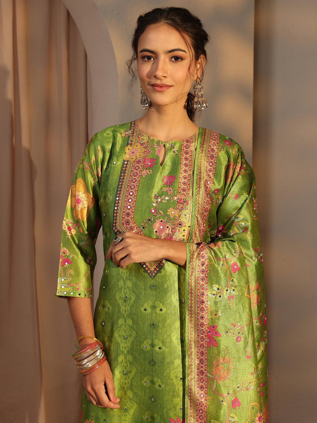 Green Floral Printed Silk Blend Straight Suit Set With Dupatta