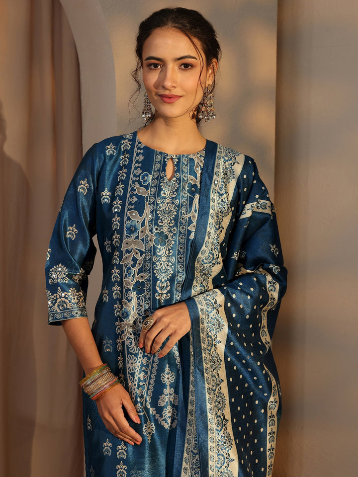 Blue Ethnic Printed Silk Blend Straight Suit Set With Dupatta