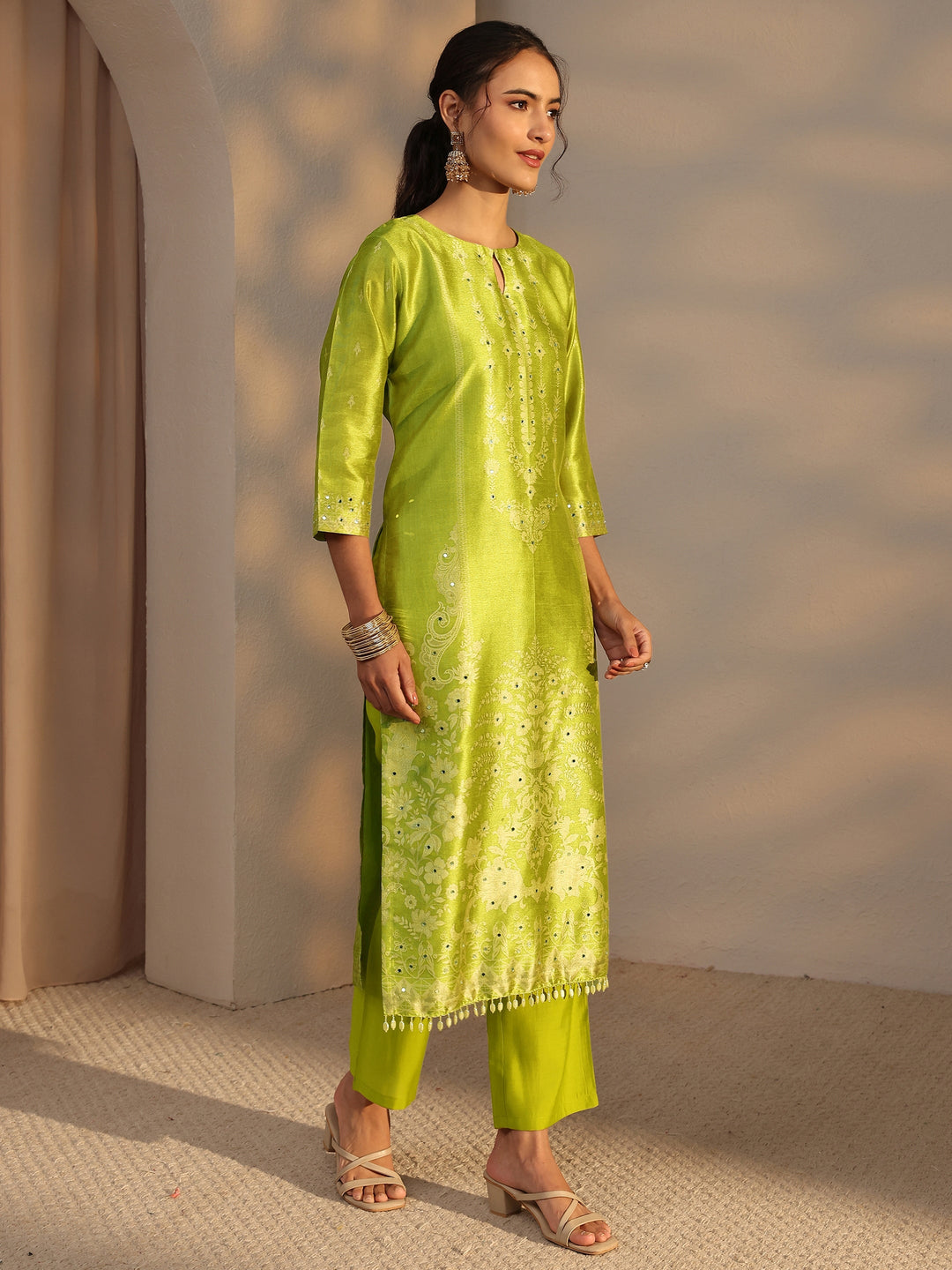 Green Floral Printed Silk Blend Straight Suit Set With Dupatta