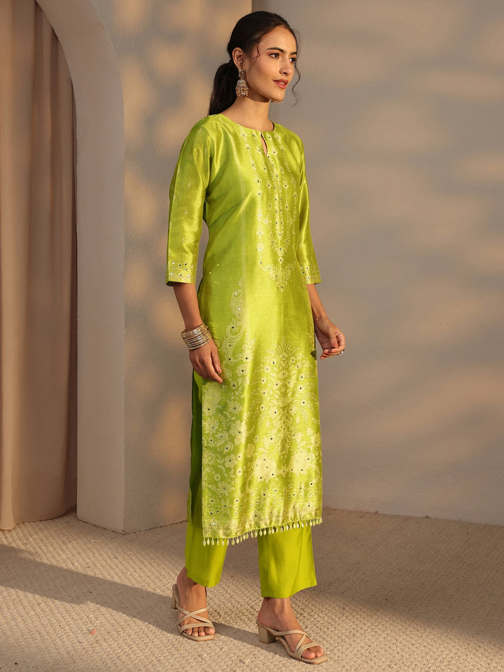 Green Floral Printed Silk Blend Straight Suit Set With Dupatta
