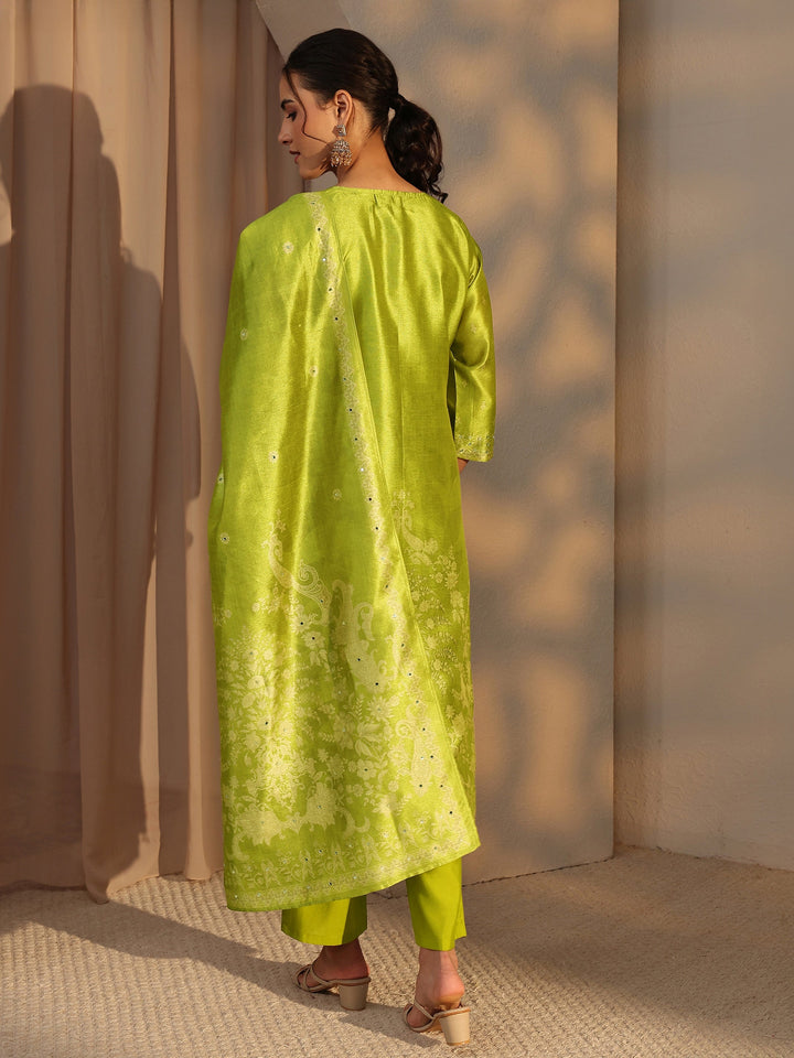 Green Floral Printed Silk Blend Straight Suit Set With Dupatta