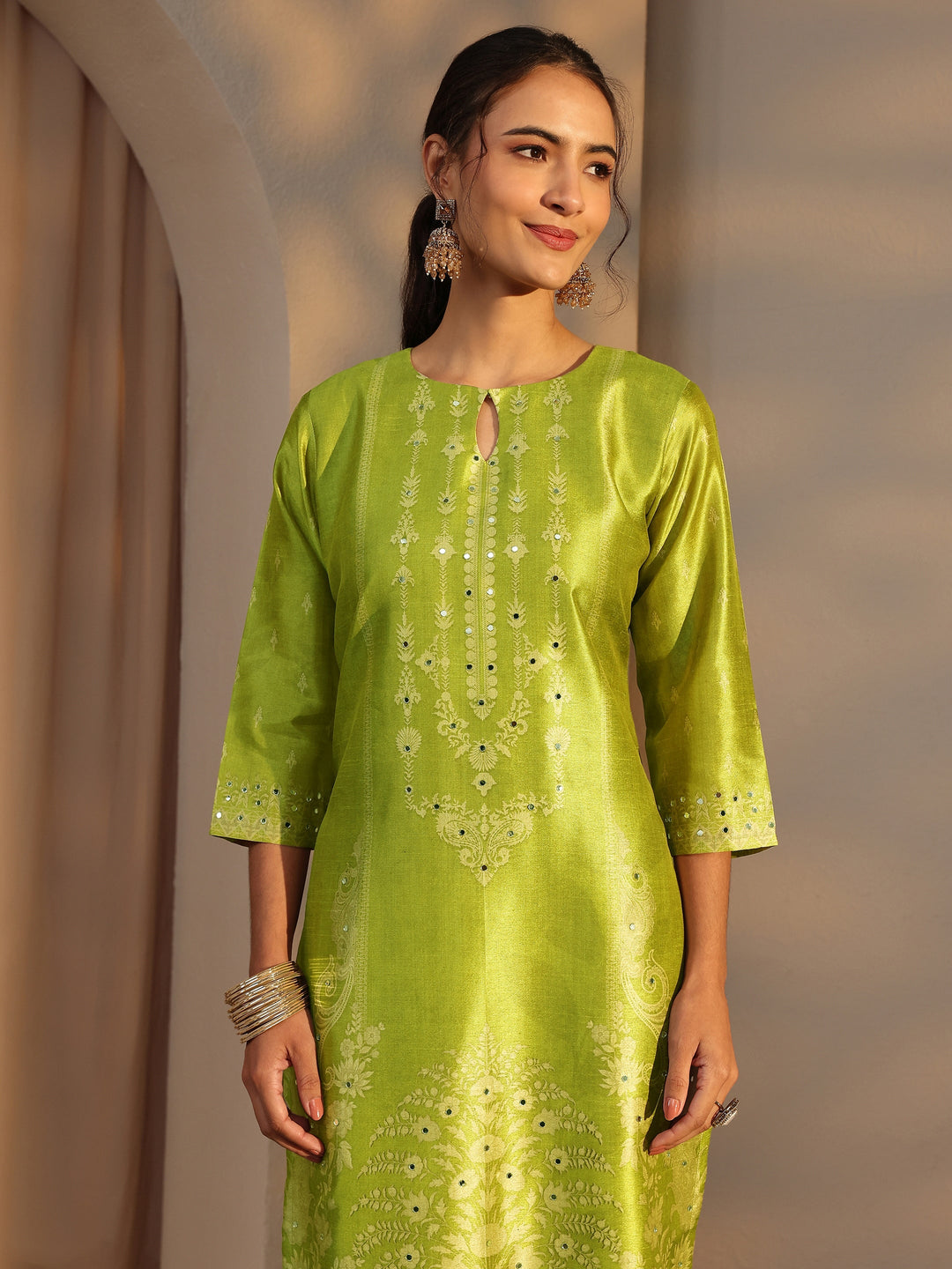 Green Floral Printed Silk Blend Straight Suit Set With Dupatta