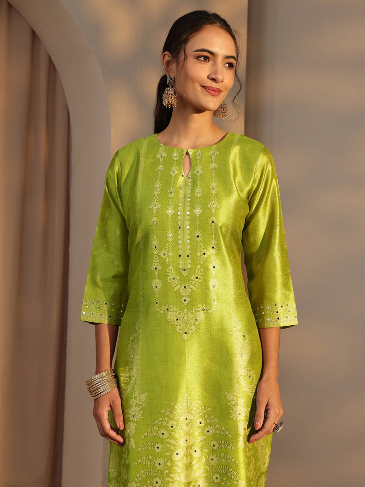 Green Floral Printed Silk Blend Straight Suit Set With Dupatta