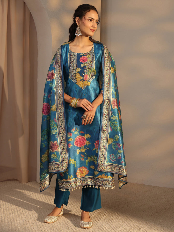 Blue Floral Printed Silk Blend Straight Suit Set With Dupatta