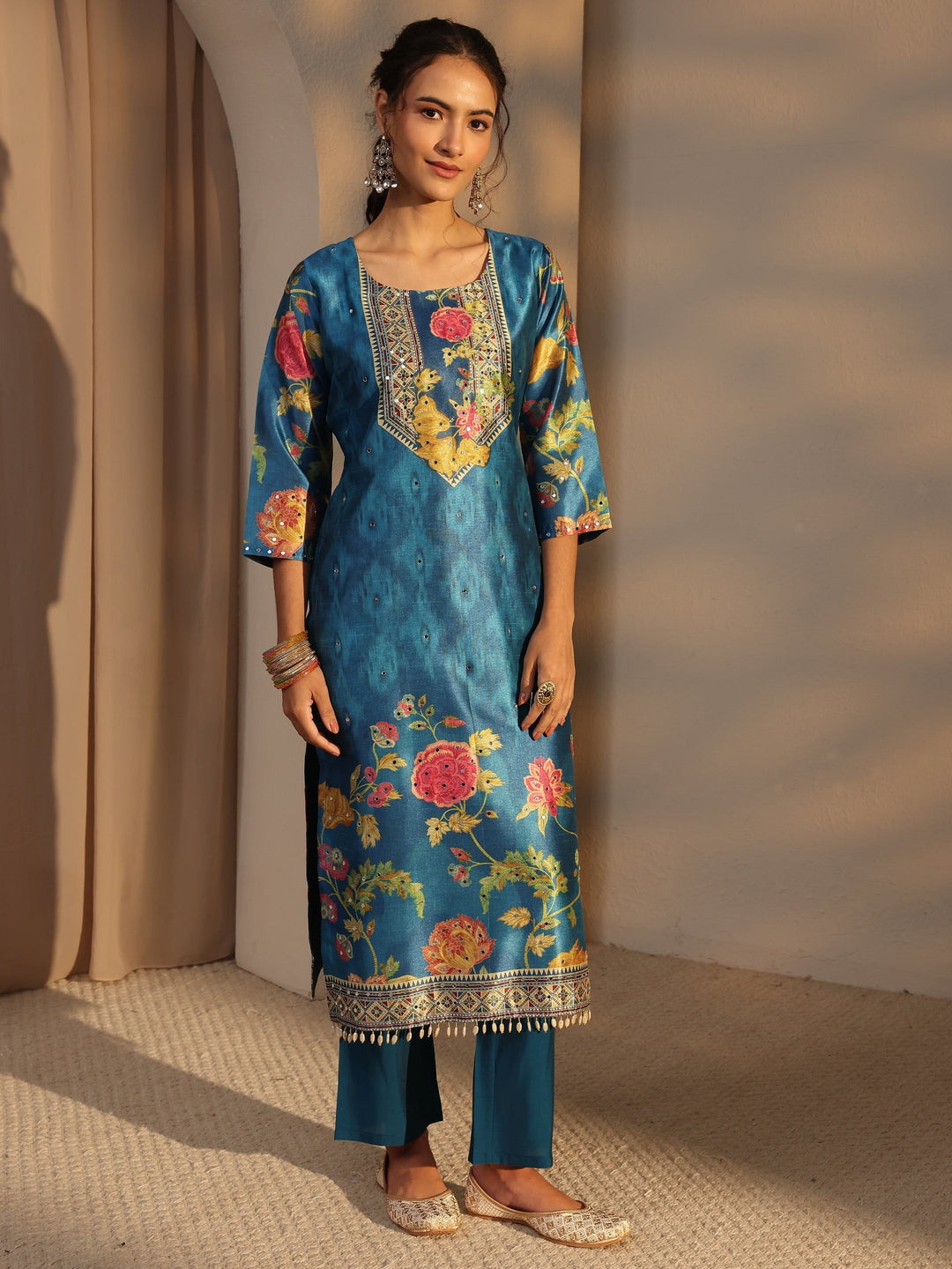 Blue Floral Printed Silk Blend Straight Suit Set With Dupatta