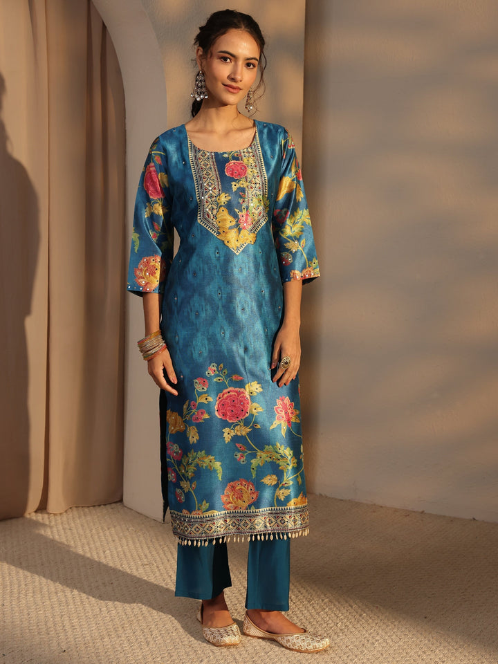 Blue Floral Printed Silk Blend Straight Suit Set With Dupatta