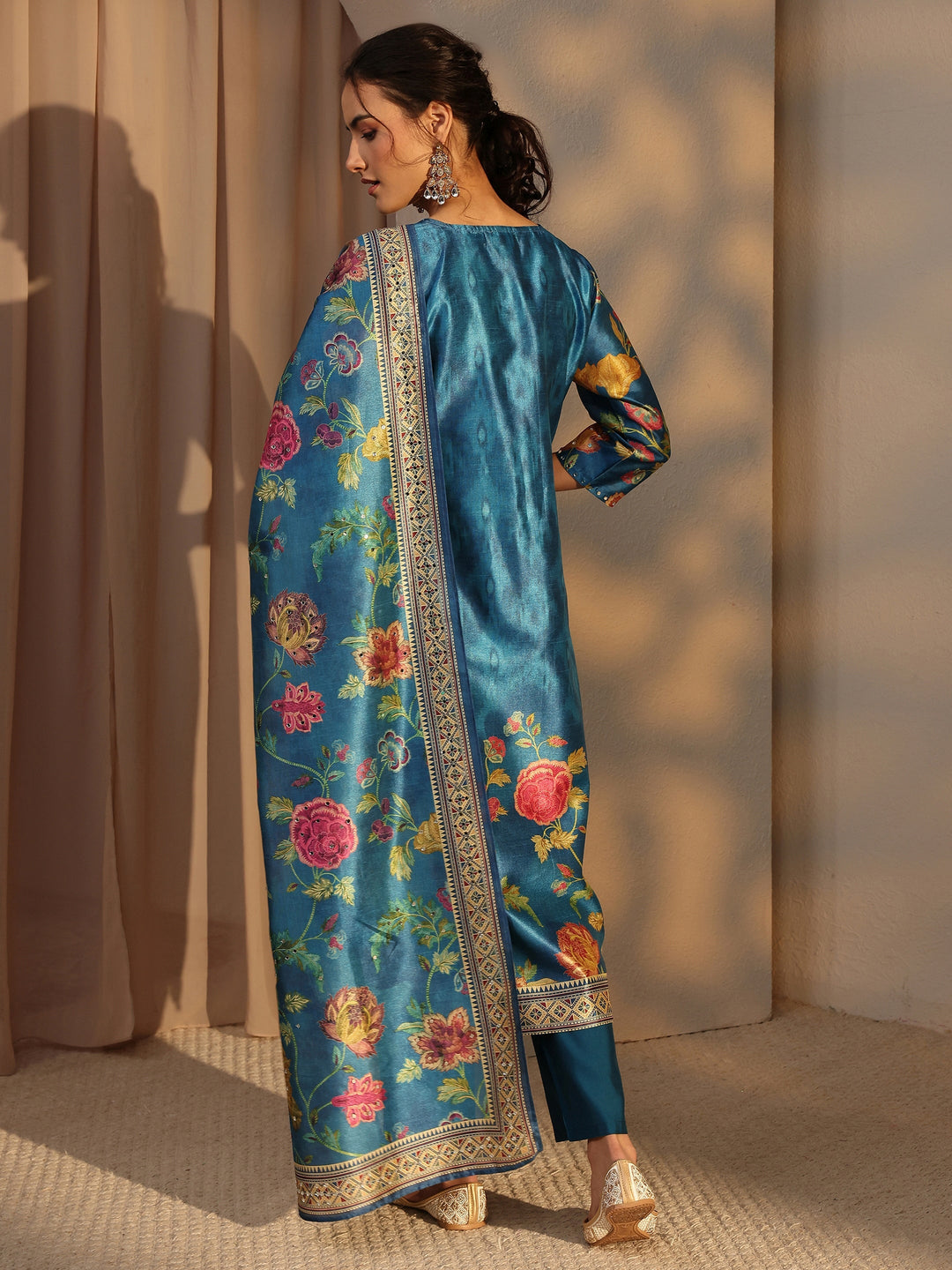 Blue Floral Printed Silk Blend Straight Suit Set With Dupatta