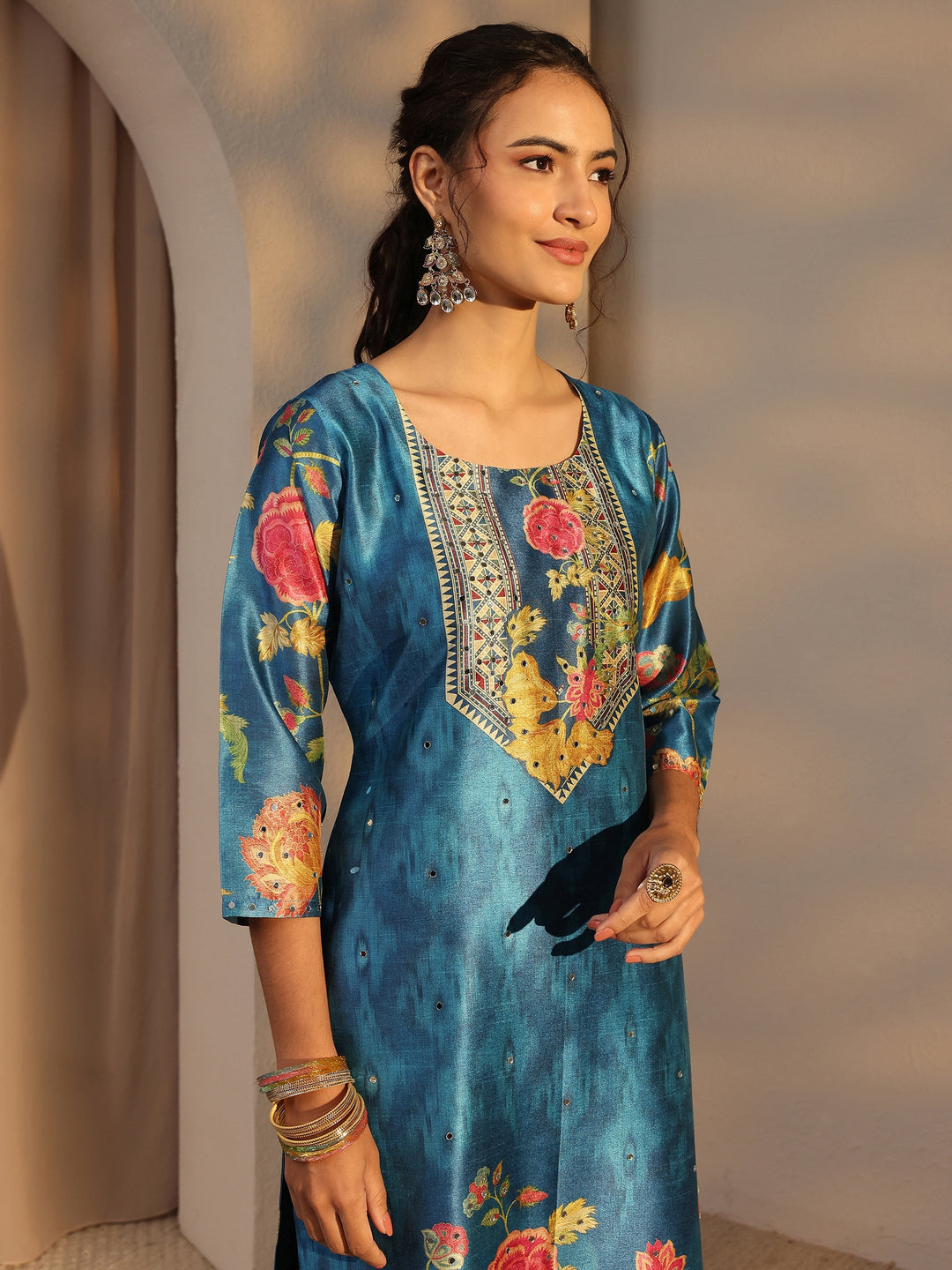 Blue Floral Printed Silk Blend Straight Suit Set With Dupatta