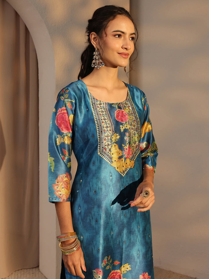 Blue Floral Printed Silk Blend Straight Suit Set With Dupatta