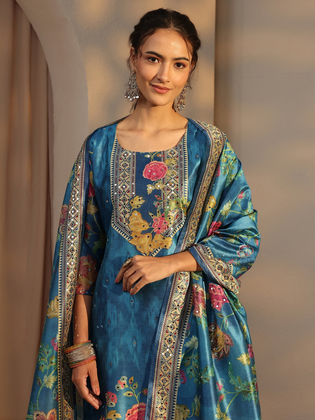 Blue Floral Printed Silk Blend Straight Suit Set With Dupatta