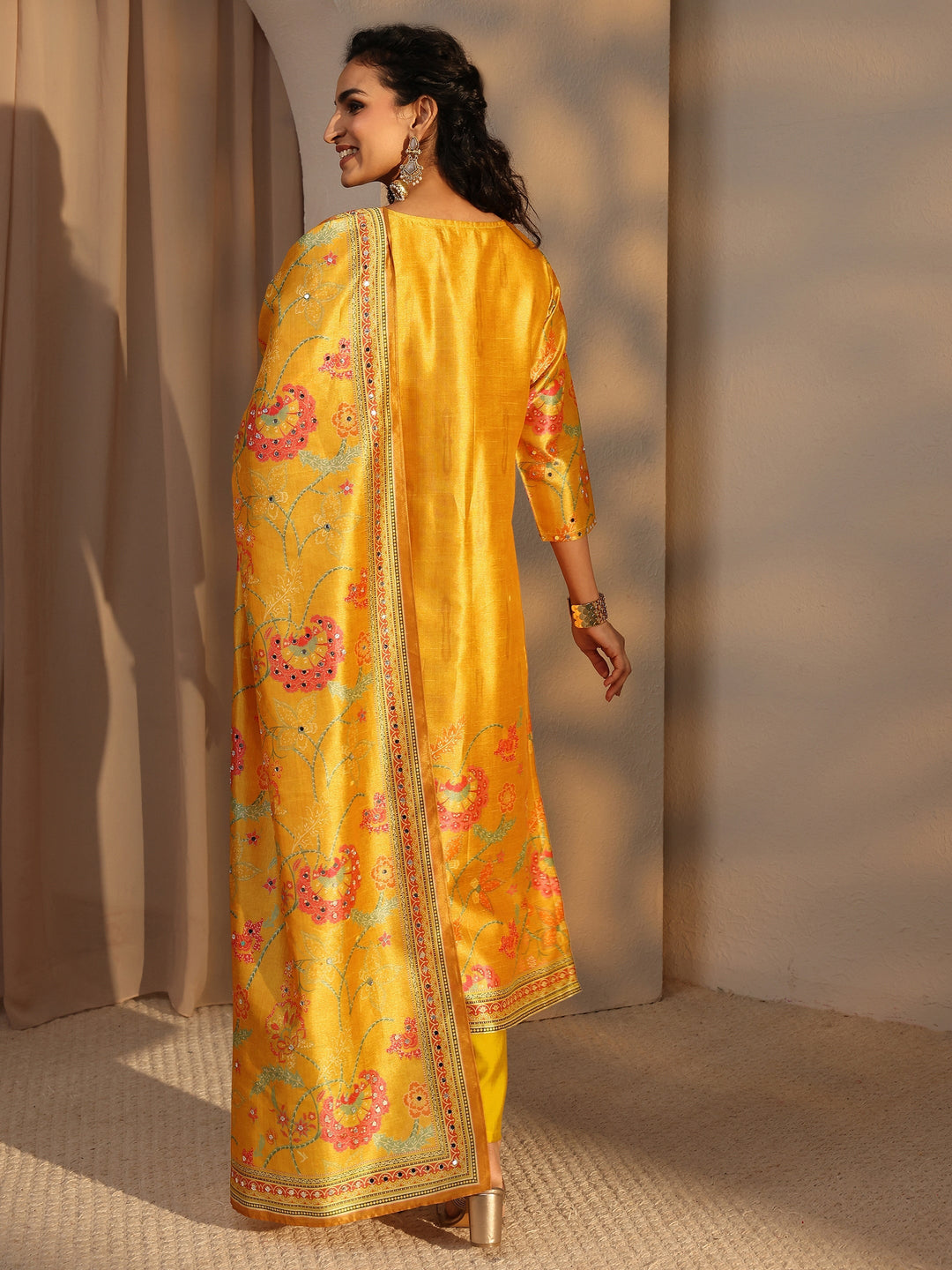 Mustard Floral Printed Silk Blend Straight Suit Set With Dupatta