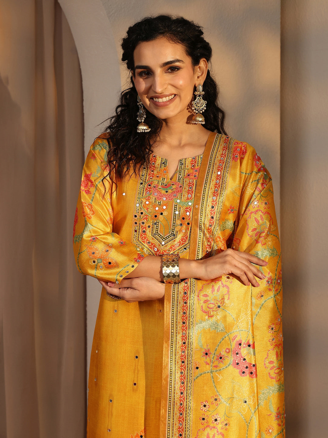 Mustard Floral Printed Silk Blend Straight Suit Set With Dupatta