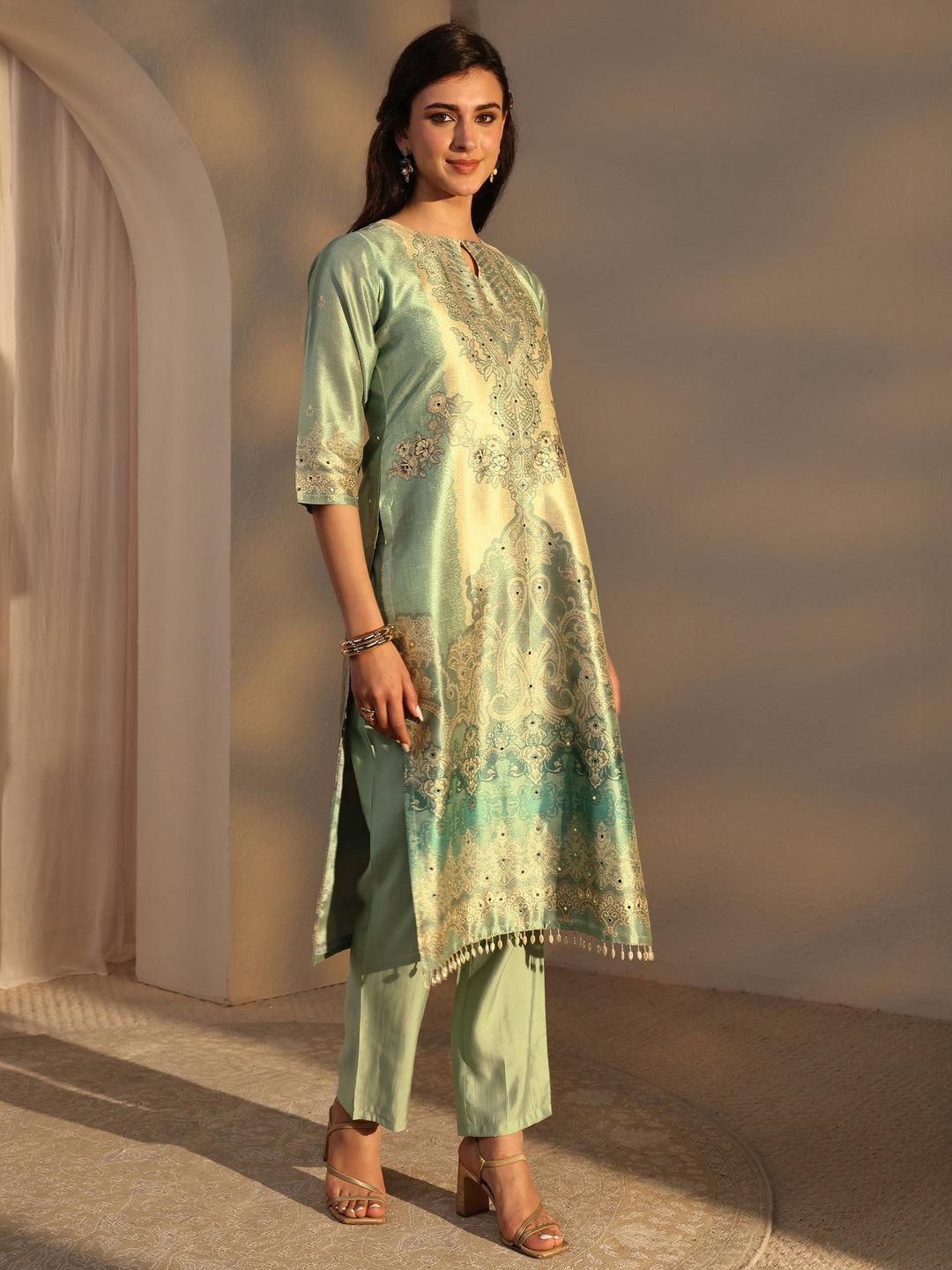 Green Ethnic Printed Silk Blend Straight Suit Set With Dupatta