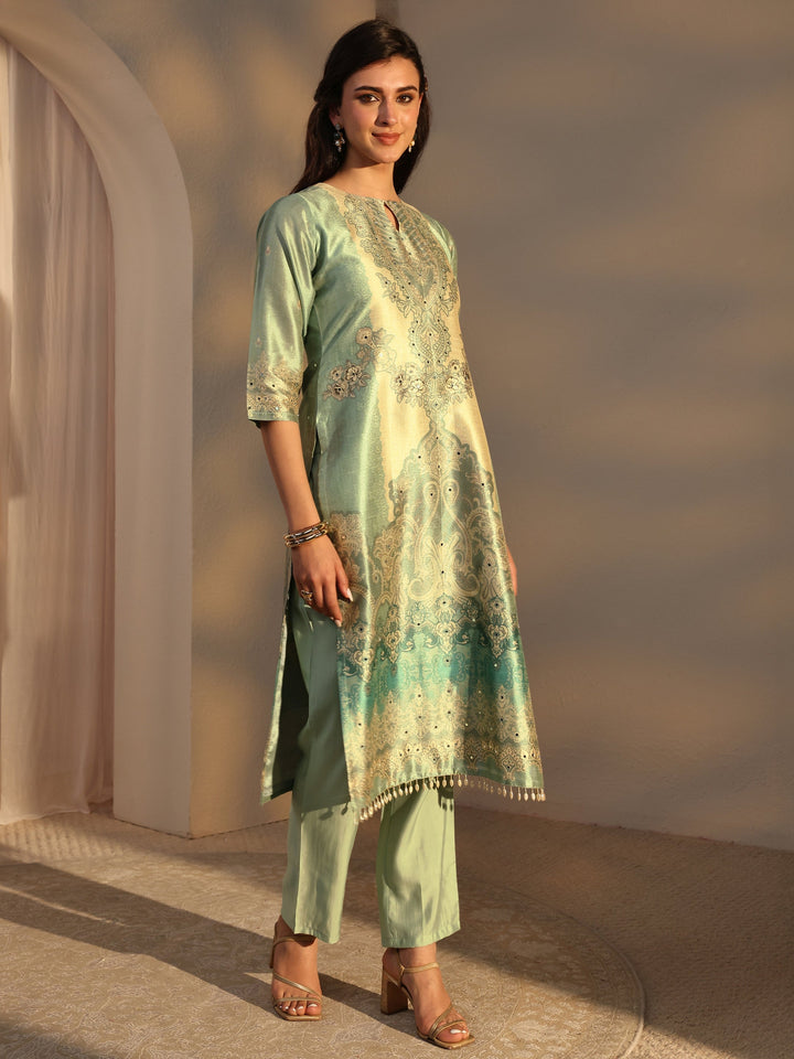 Green Ethnic Printed Silk Blend Straight Suit Set With Dupatta