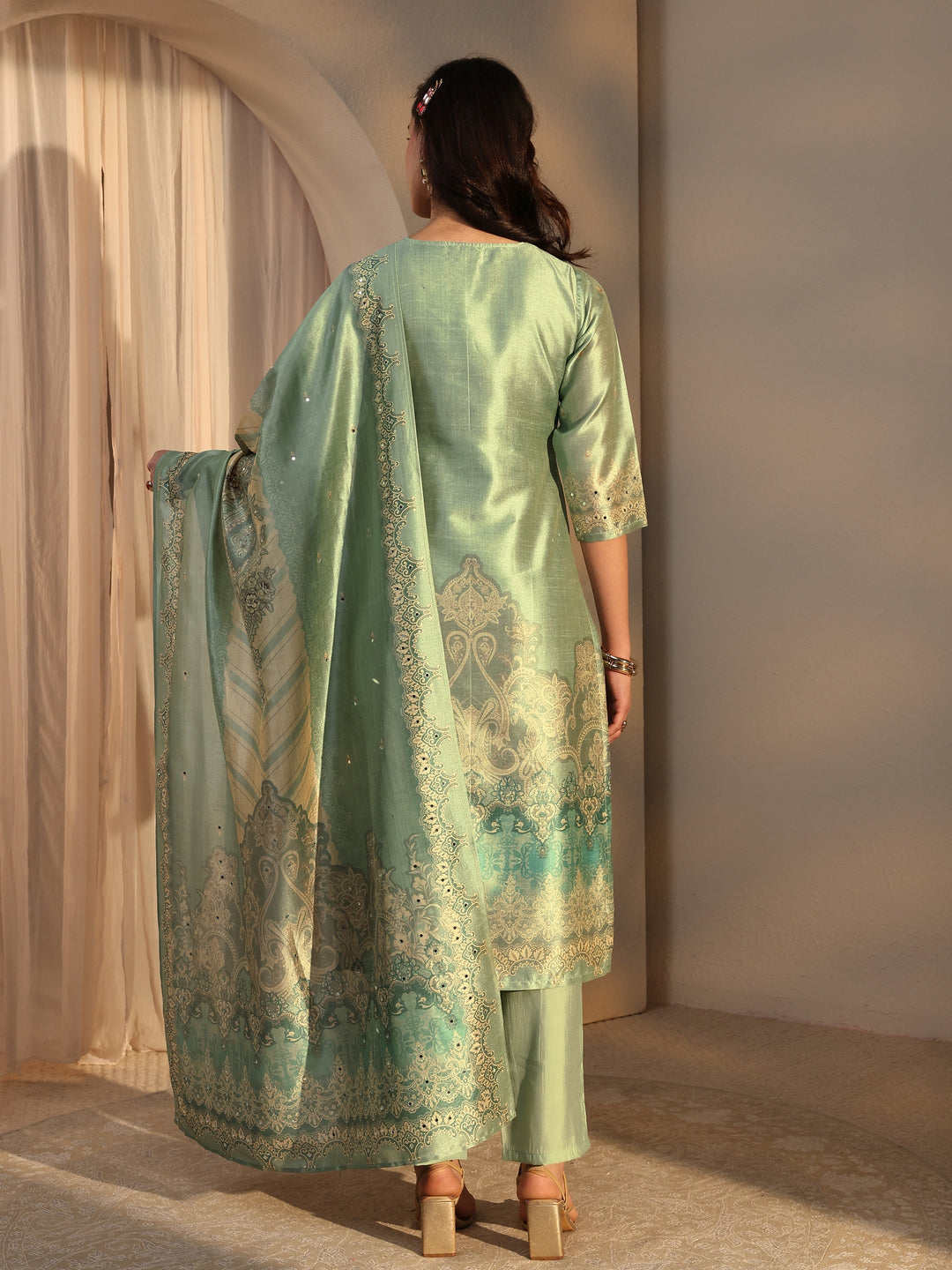 Green Ethnic Printed Silk Blend Straight Suit Set With Dupatta