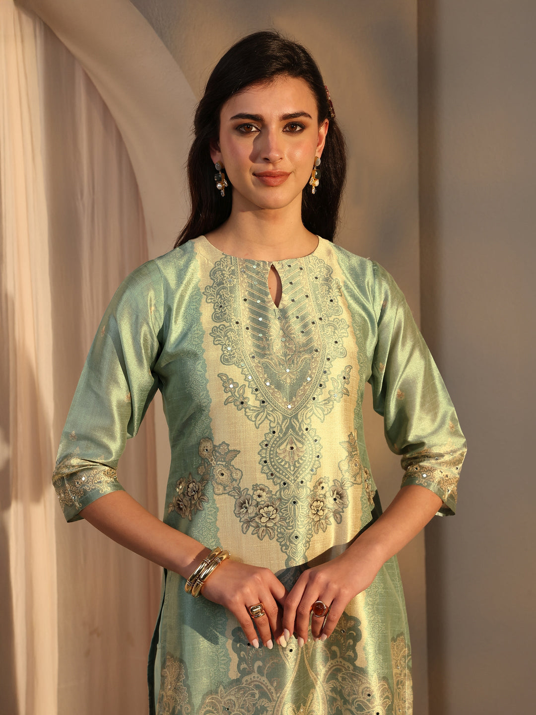 Green Ethnic Printed Silk Blend Straight Suit Set With Dupatta