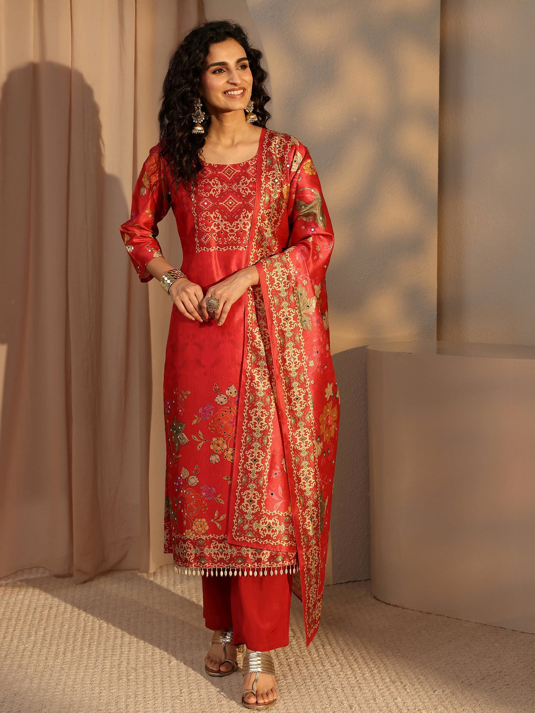 Red Floral Printed Silk Blend Straight Suit Set With Dupatta