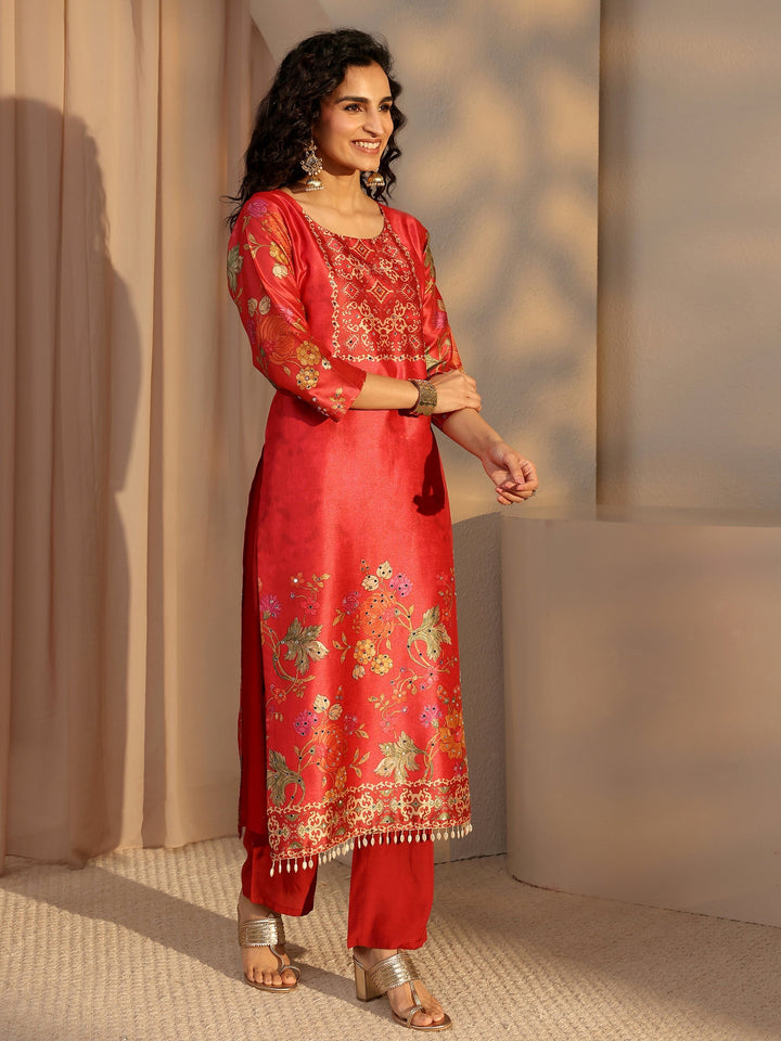 Red Floral Printed Silk Blend Straight Suit Set With Dupatta