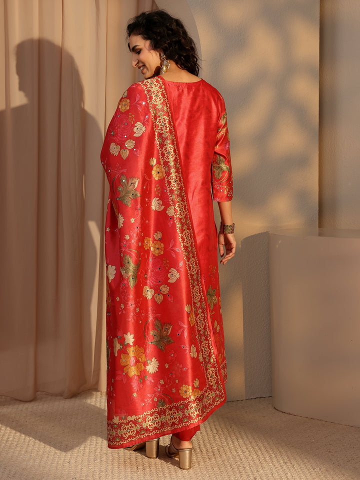 Red Floral Printed Silk Blend Straight Suit Set With Dupatta