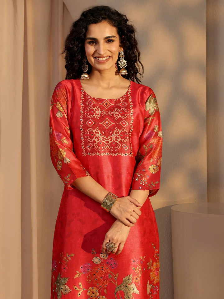Red Floral Printed Silk Blend Straight Suit Set With Dupatta
