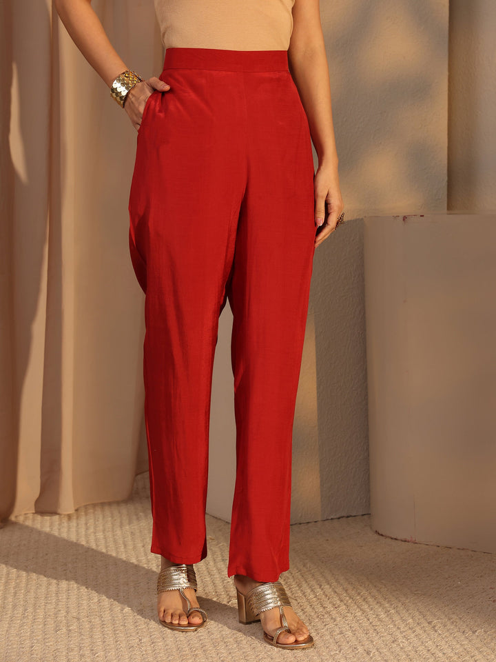 Red Floral Printed Silk Blend Straight Suit Set With Dupatta