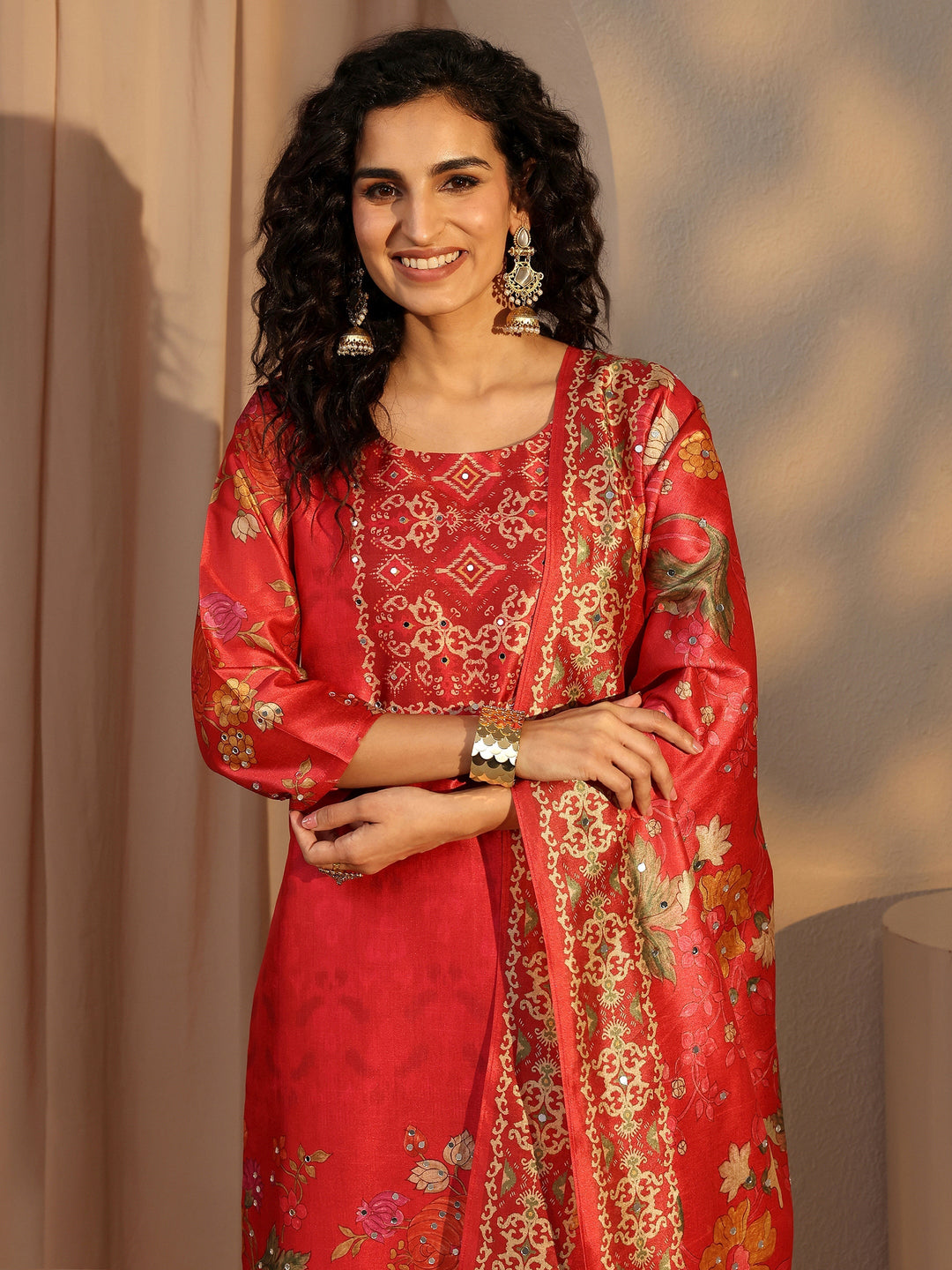 Red Floral Printed Silk Blend Straight Suit Set With Dupatta