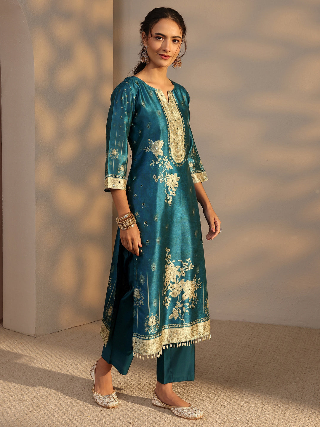 Blue Floral Printed Silk Blend Straight Suit Set With Dupatta