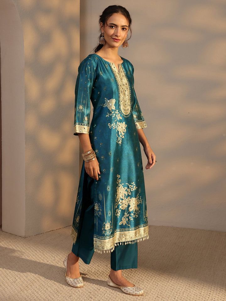 Blue Floral Printed Silk Blend Straight Suit Set With Dupatta