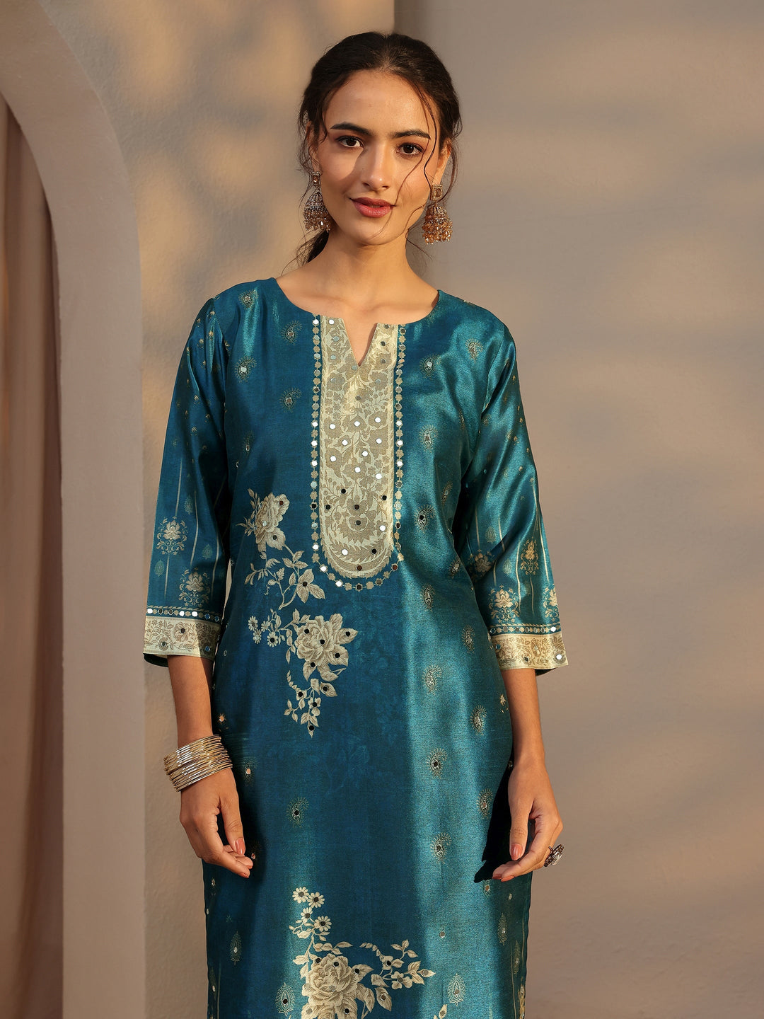 Blue Floral Printed Silk Blend Straight Suit Set With Dupatta
