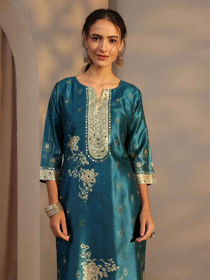 Blue Floral Printed Silk Blend Straight Suit Set With Dupatta