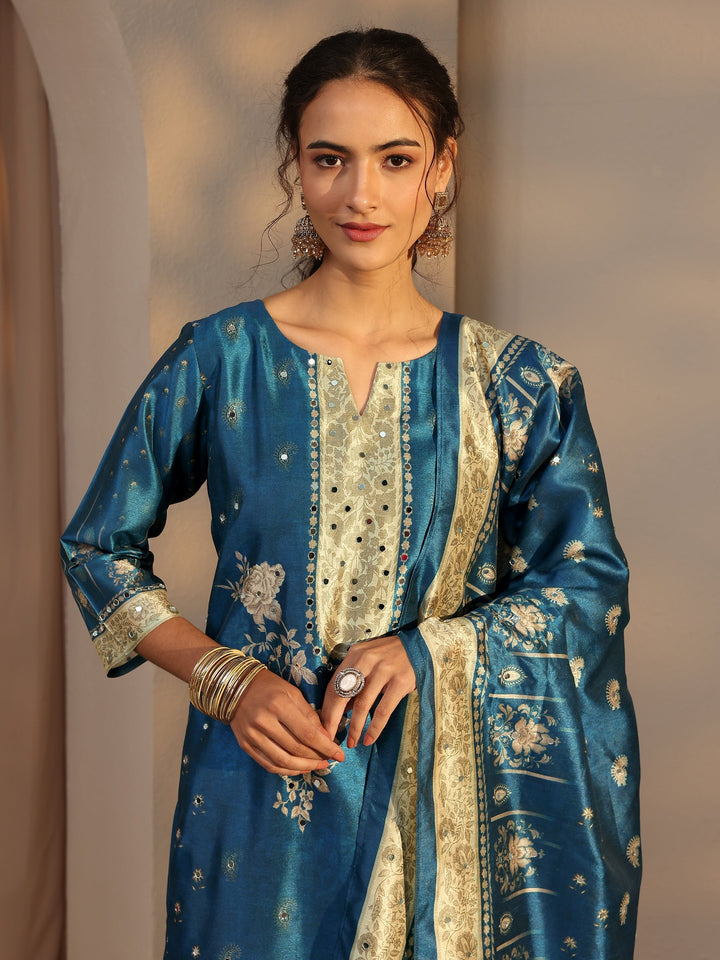 Blue Floral Printed Silk Blend Straight Suit Set With Dupatta