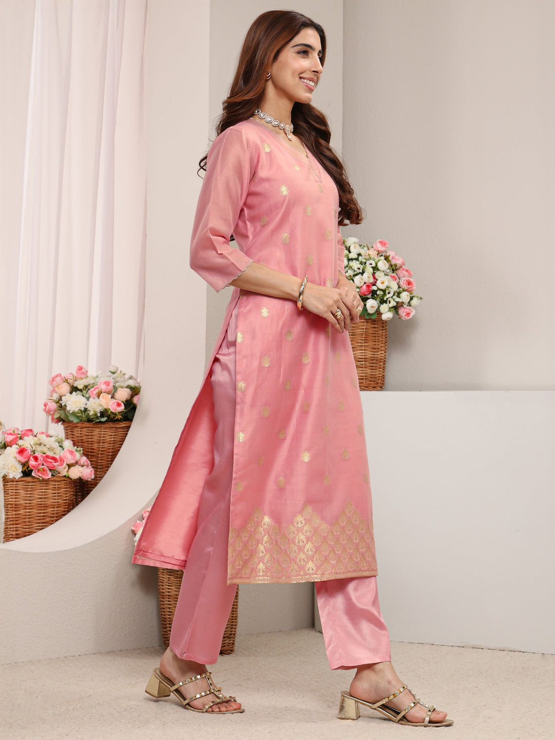 Pink Ethnic Woven Design Chanderi Silk Straight Suit Set With Dupatta