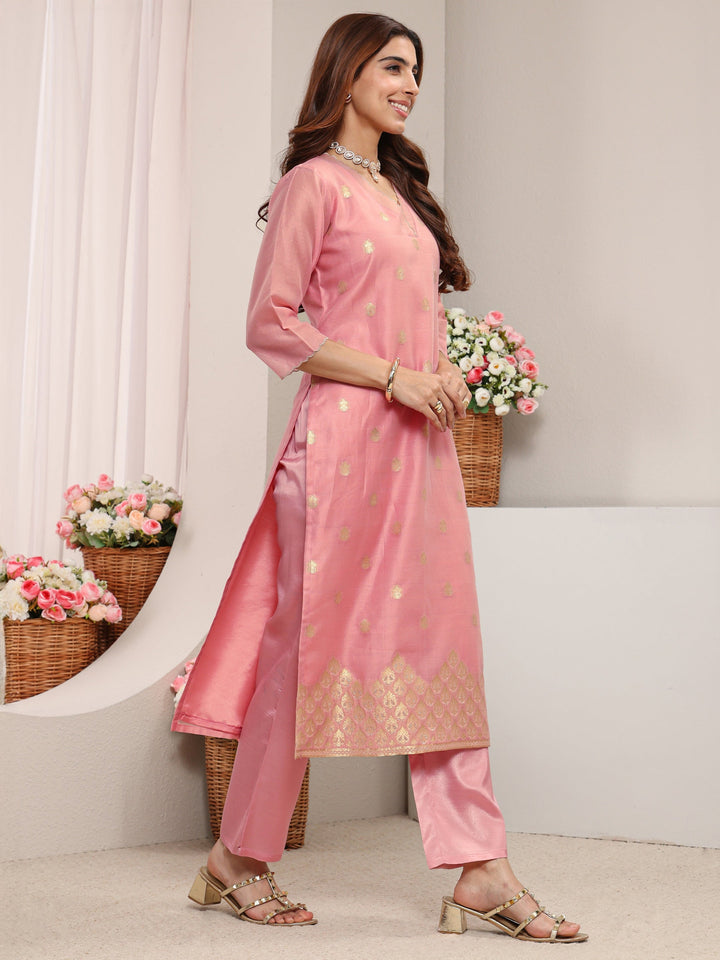Pink Ethnic Woven Design Chanderi Silk Straight Suit Set With Dupatta